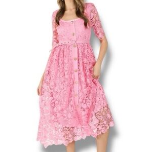 Beulah Emilia Romantic Lace Midi Dress in Pink Size Small